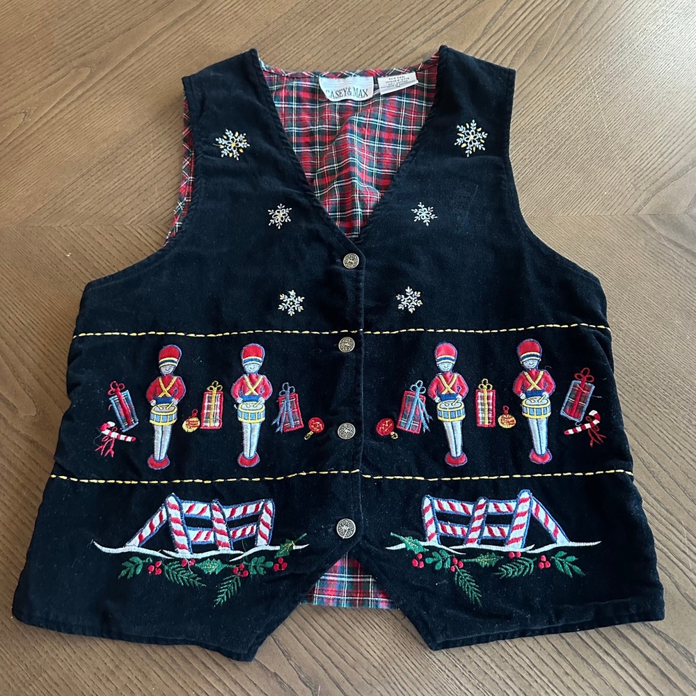 Casey & Max Vintage Christmas Vest Medium Black Corduroy Nutcracker Plaid Back